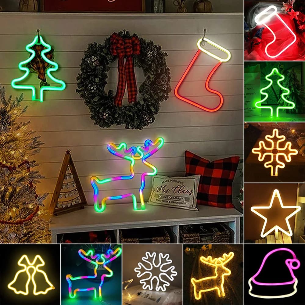 Insegna al Neon di natale alimentata a batteria USB/Jingle Bell Star Snowflake LED Neon Night Light Indoor Home Xmas Party decorazione della parete