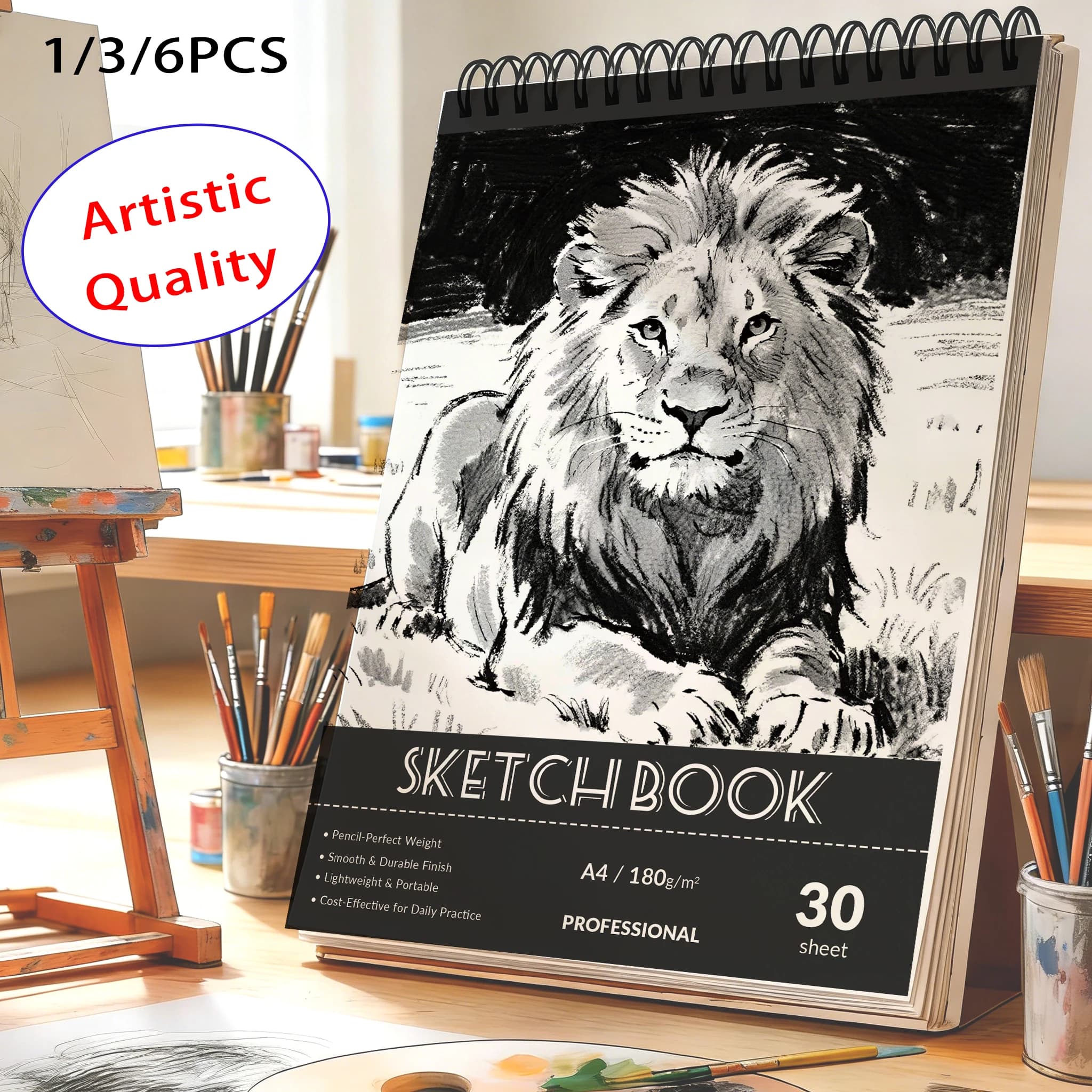 A4 Spiral Sketchbook 180gsm, Lion Ink Art Cover, 30 Sheets Acid-Free Drawing Pad for Back to School & Gifting