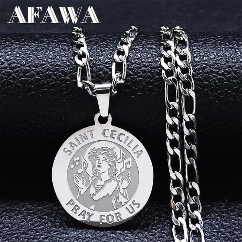Saint Cecilia Pray for Us Necklace for Women Silver Color Stainless Steel Medal Religious Pendant Necklaces bijoux 3021