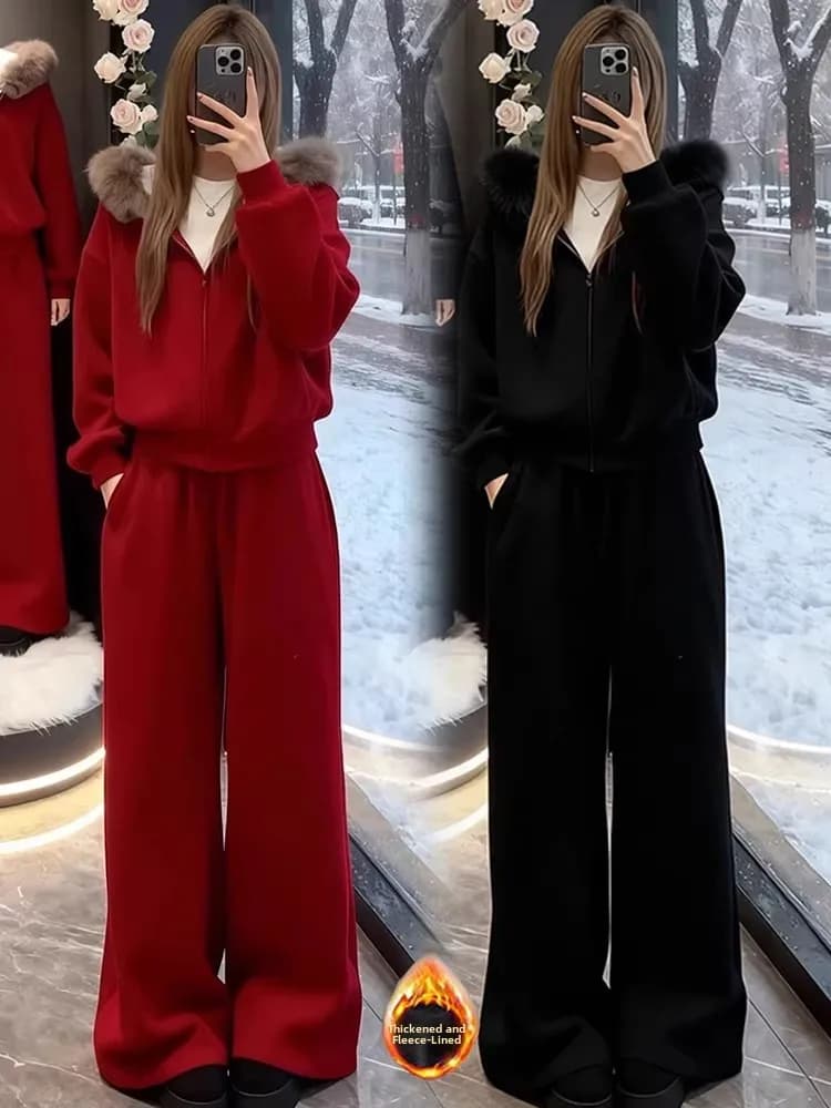 Thickened Fleece Casual Sportswear Set Women's Winter New Style Hooded Jacket High Waist Pants Two-Piece Set Fashionable