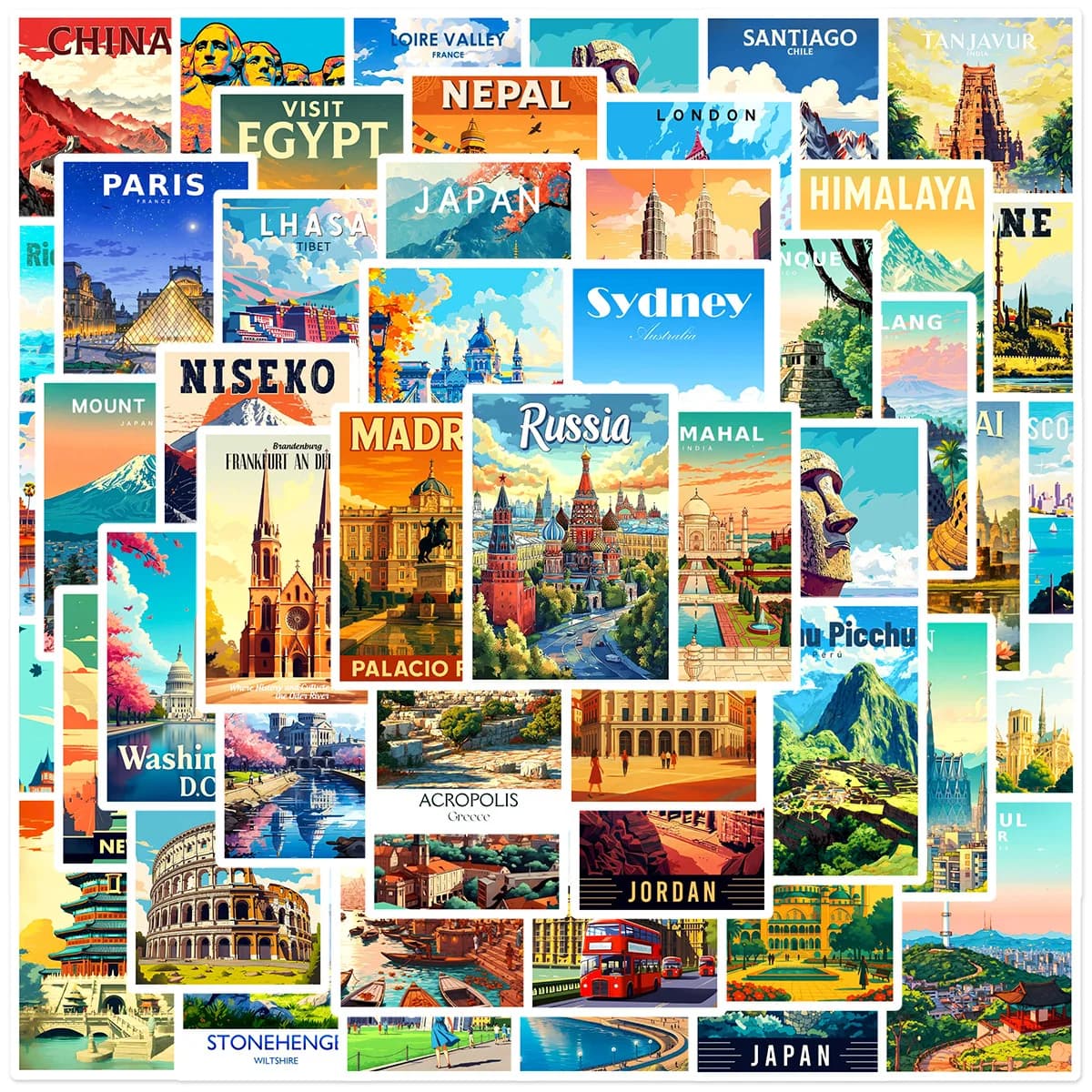 50/100 Pezzi Adesivi Graffiti con Poster di Monumenti del Patrimonio Mondiale per Valigie, Tablet e Notebook