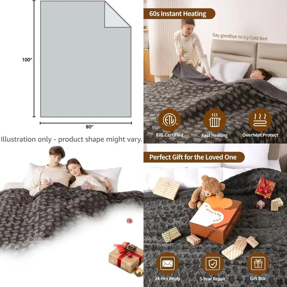 Coperta elettrica King Size 100 x 90 con doppi controller, pelliccia sintetica floreale grigia e Sherpa calda, 10 impostazioni di calore, 1-12 ore Auto Sh