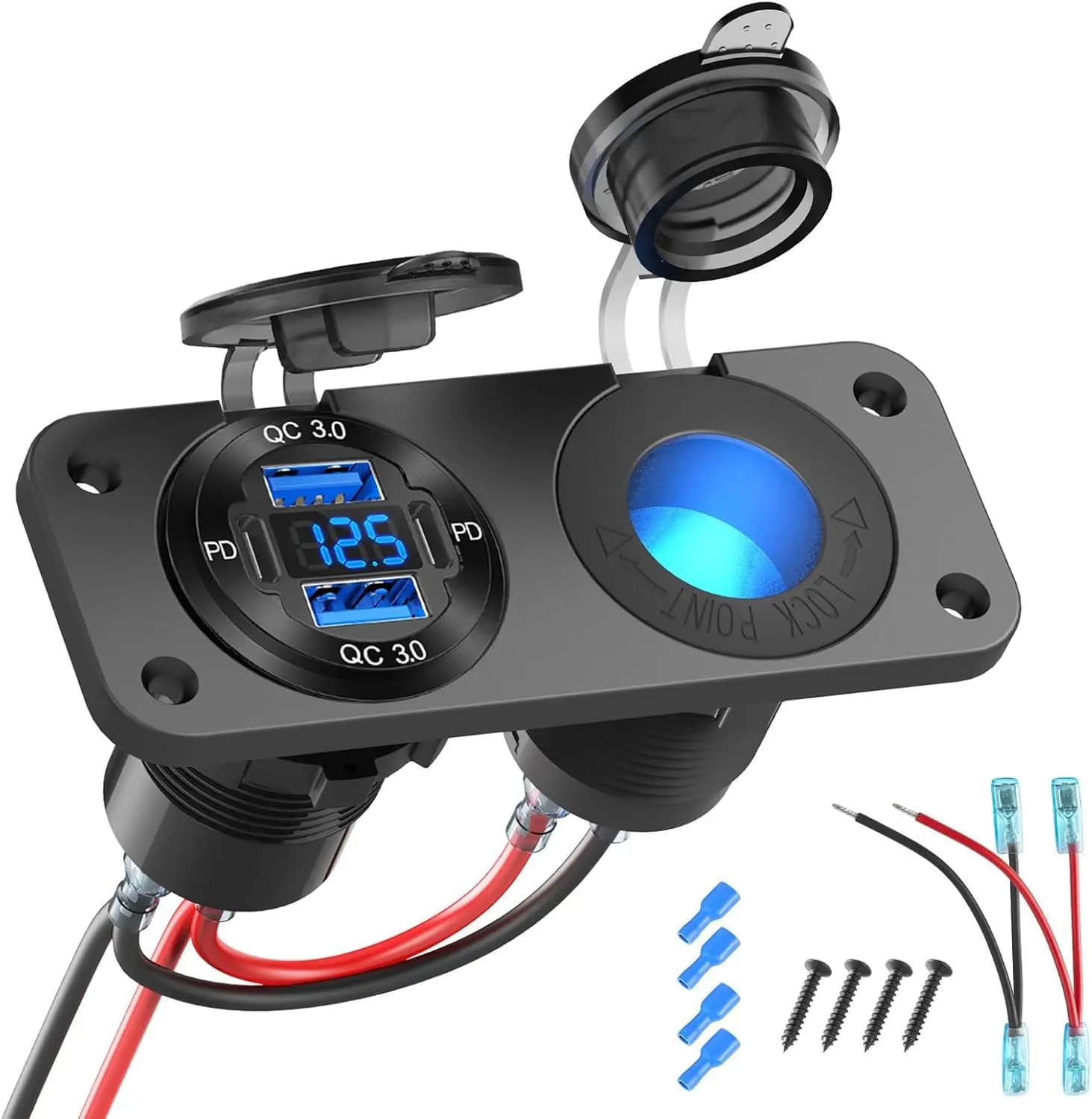 Caricatore USB da auto a 4 porte con voltmetro e presa da 150W, doppie porte PD3.0/QC3.0 per veicoli, barche, camper