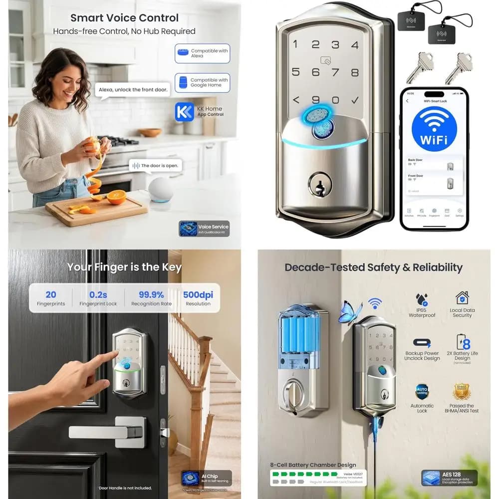 Serratura Intelligente con Impronta Digitale e Tastiera Touchscreen, Controllo App e Vocale, Nessun Hub Richiesto, Impermeabile IP65, Grado 3, Satinata