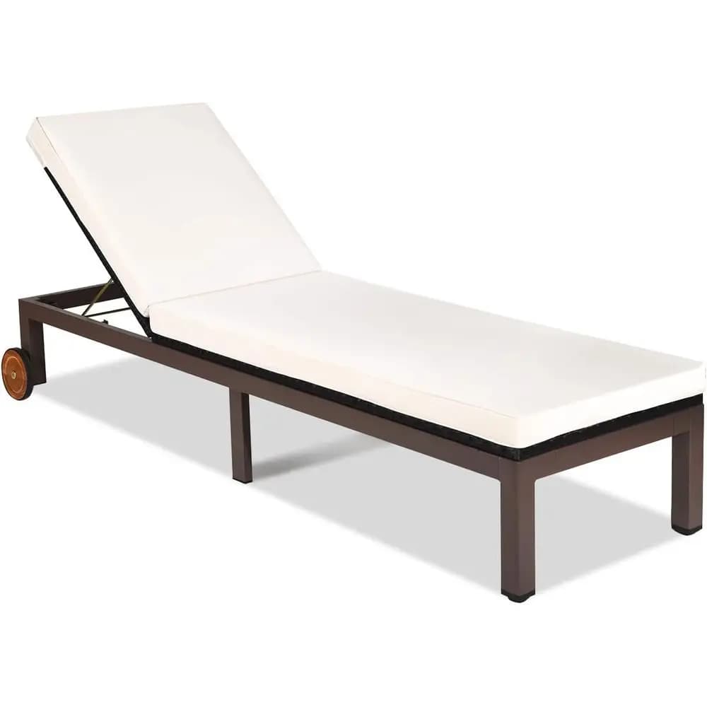 Exterior from Rattan Adjustable to 5 Positions with Padded Seat and Wheels for Patio, Garden, Pool Edge (Beige)