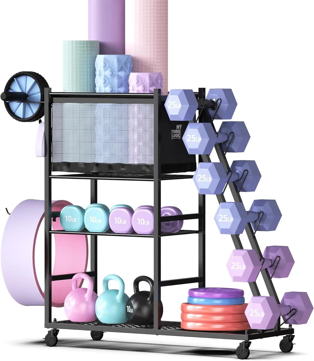 Multifunctional Rack for Home Gym with Wheels for Manubri, Kettlebell and Yoga Mats