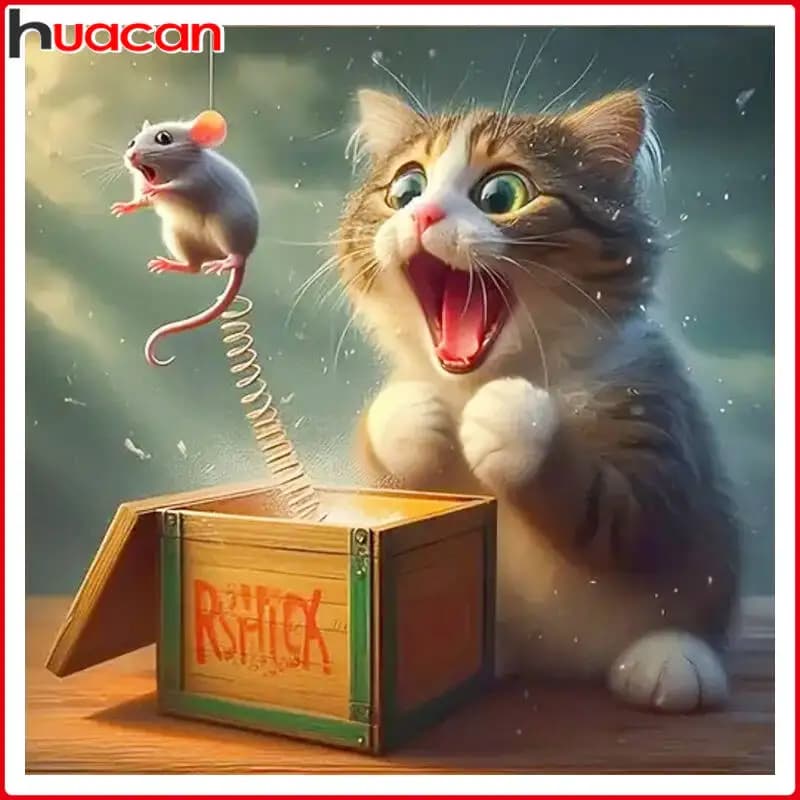 Huacan 5D Diamond Painting Cat And Mouse Full Drill Mosaic Embroidery Complete Kit DY Rhinestone Pictures
