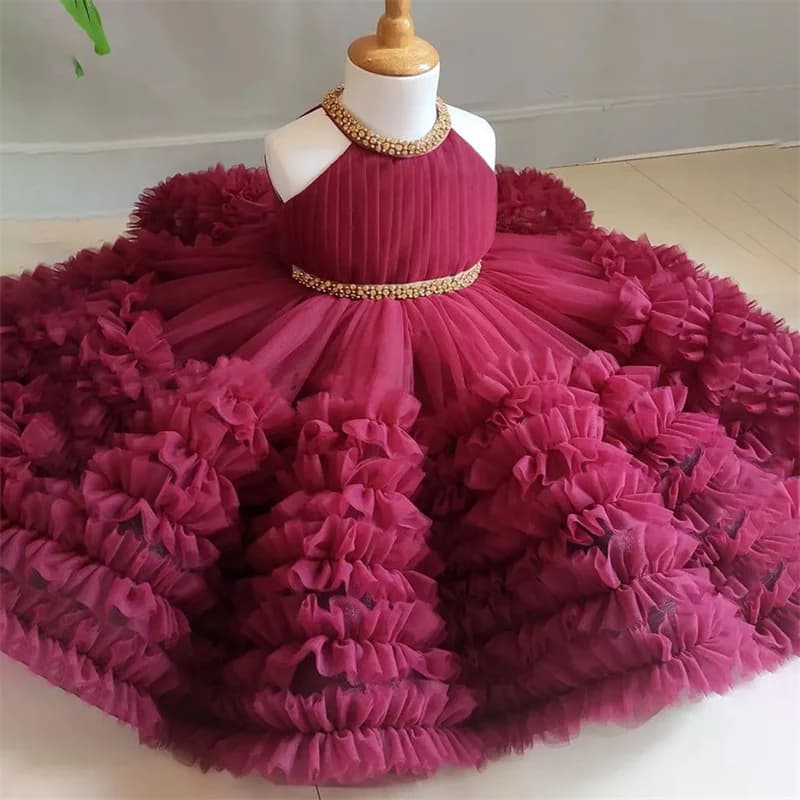 Baby Kids Princess Tulle a strati Cristalli Abito da ragazza di fiori Abito da prima comunione per bambini Abito da ballo Abito da festa di nozze Compleanno