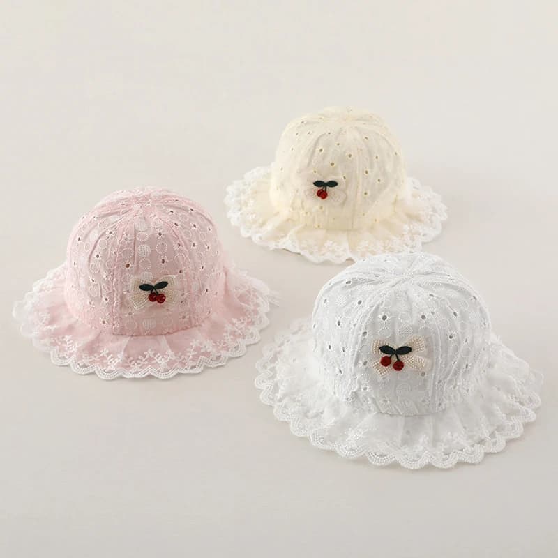 Lace fisherman's hat for babies 0-12 months, baby girl's sun umbrella hat, pretty bucket hat with cherries, thin summer visor in cotton perforated for children