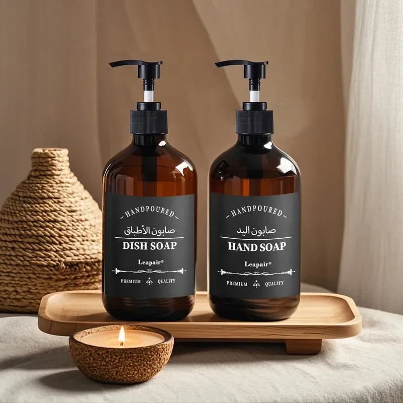 Soap Dispenser Set for Kitchen Bathroom Dish Hand Soap Bottles Container Pump Refillable Countertop Organizer with Labels