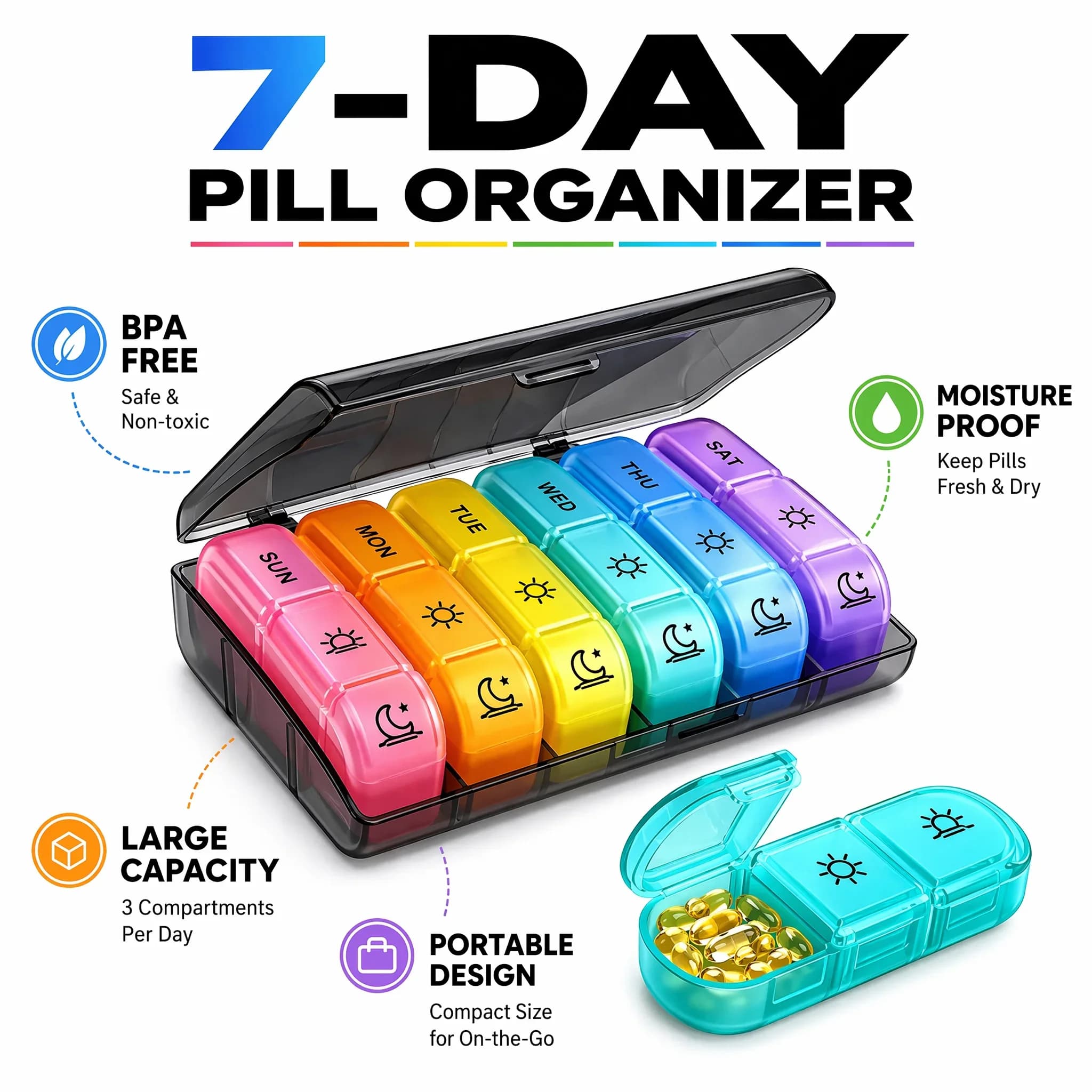 Pill Organizer for 7 Days, 3 Times per day - Traveller with Large Parts, Without BPA, for Vitamins, Medicines and Fish Oils