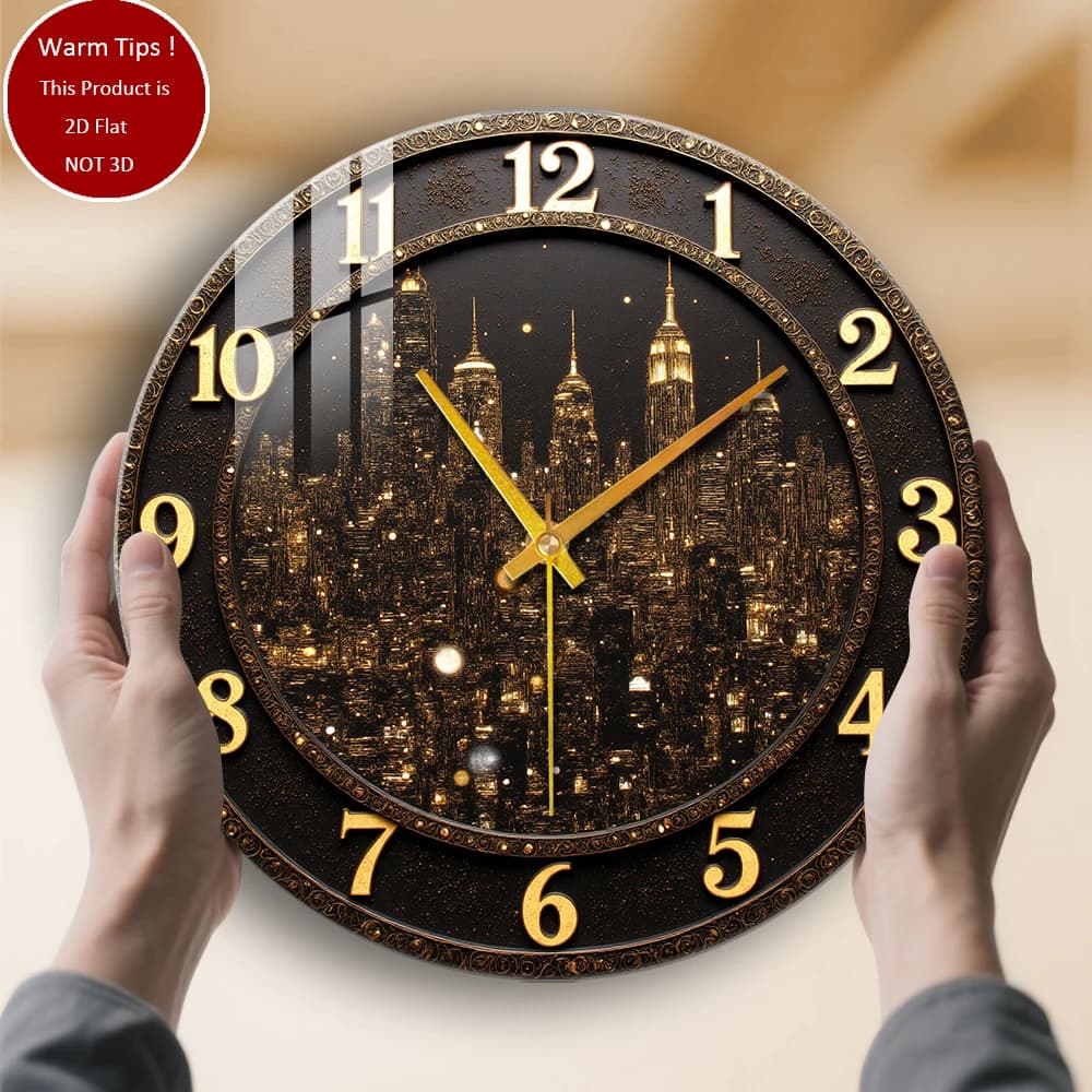 Golden City Skyline night tempered glass wall clock suitable for wall decorations or table displays everywhere