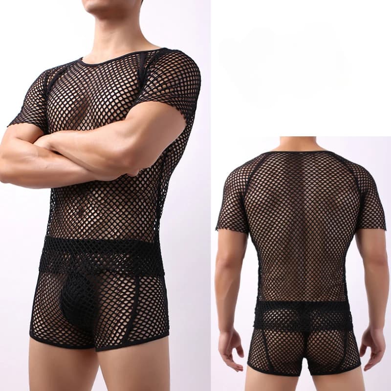 T-shirt da uomo Maglia sexy trasparente Rete da pesca Camicetta Hollow Top Costumi da bagno Camicie Canottiera Allenamento Bodybuilding Bodyshaper