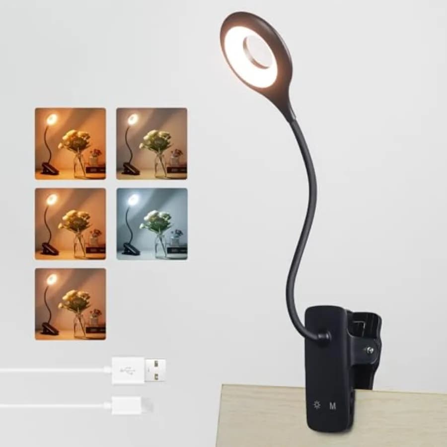 Desk Lamp LED Clip on Light, 5 Modes 5 Brightness Dimmable Clamp Light, Rechargeable Battery Flexible Clip on Reading Lamp for
