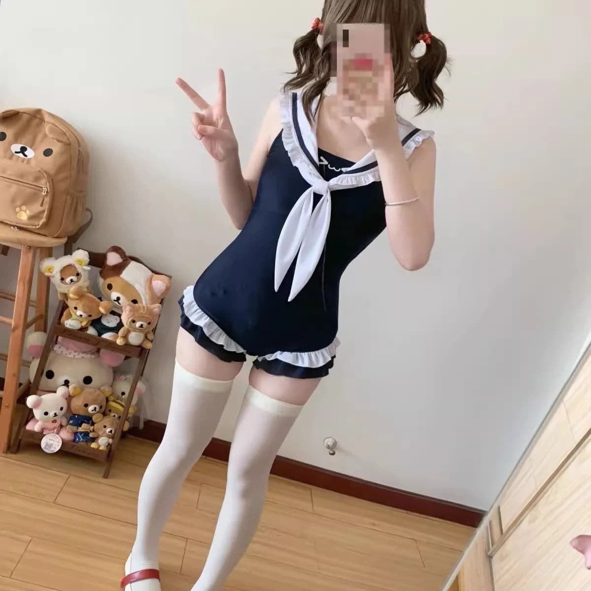 Swimsuit for sailor girl, sailor collar, bikini, edge with volant, monokini whole, push up, for girls, upholstered, beachwear, summer swimming