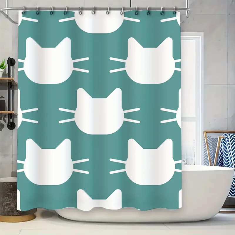 Tenda da doccia moderna con motivo gatto, tessuto impermeabile per la decorazione domestica in colori verde acqua bianco