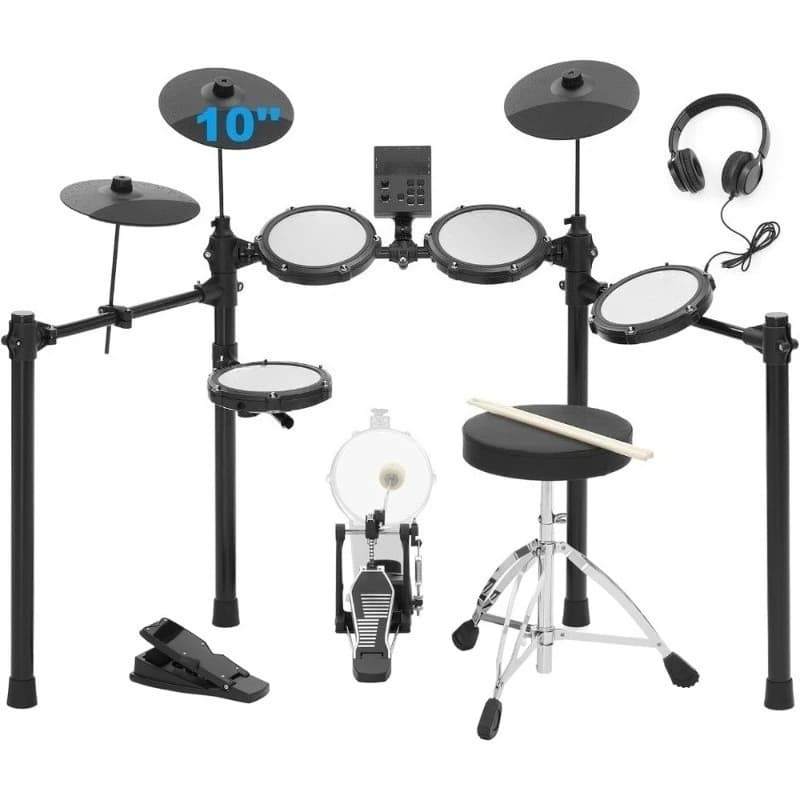 Set di Batteria Elettronica con Pedale, 10 Piatti, 4 Pad in Mesh, 150 Suoni, Kit Tutto-in-Uno con Sgabello, Cuffie e Bacchette per Bambini