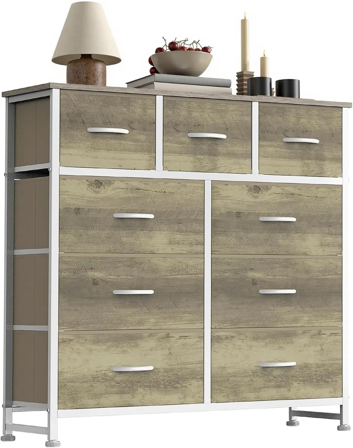 Cassettiera a 9 cassetti in tessuto con piano in legno e struttura in acciaio, mobile contenitore con maniglie a strappo per camera da letto, ripostiglio