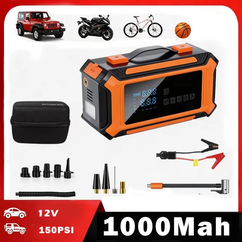 Avviatore d'Emergenza per Auto 5-in-1 1200A 12V 12000mAh con Compressore d'Aria e Gonfiatore Pneumatici, Power Bank Portatile e Booster Batteria Wireless