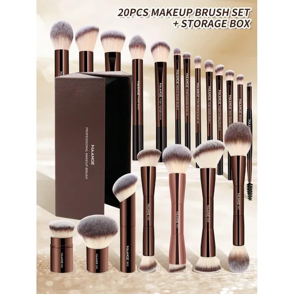 MAANGE Set di 20 Pennelli Professionali per Trucco con Tubo in Alluminio Morbido e Borsa in Velluto, Pennello per Fondotinta, Pennello per Ombretto, Pennello per Sopracciglia
