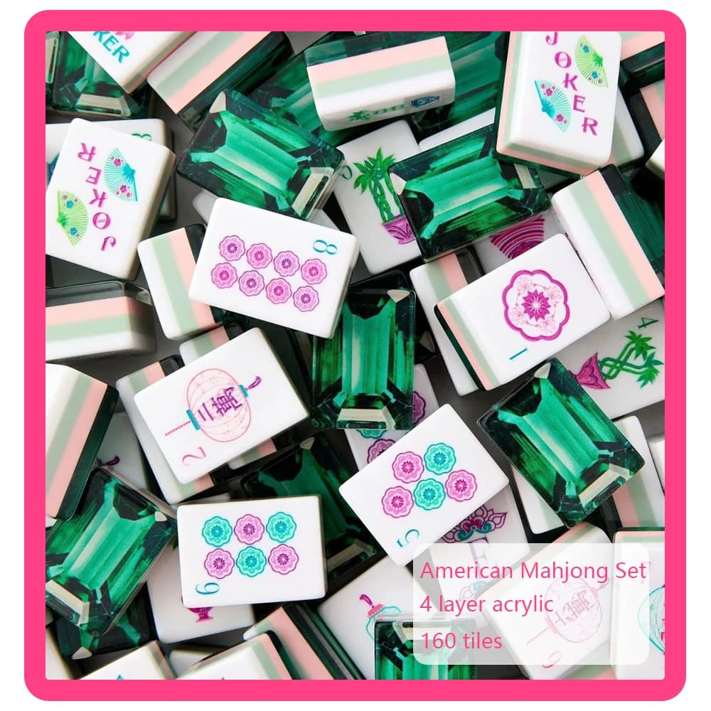 Luxury American Mahjong Set 160 Pcs 4-Layer Acrylic Olive Green MahJong Portable Mahjong Game Tiles Surprise Gift