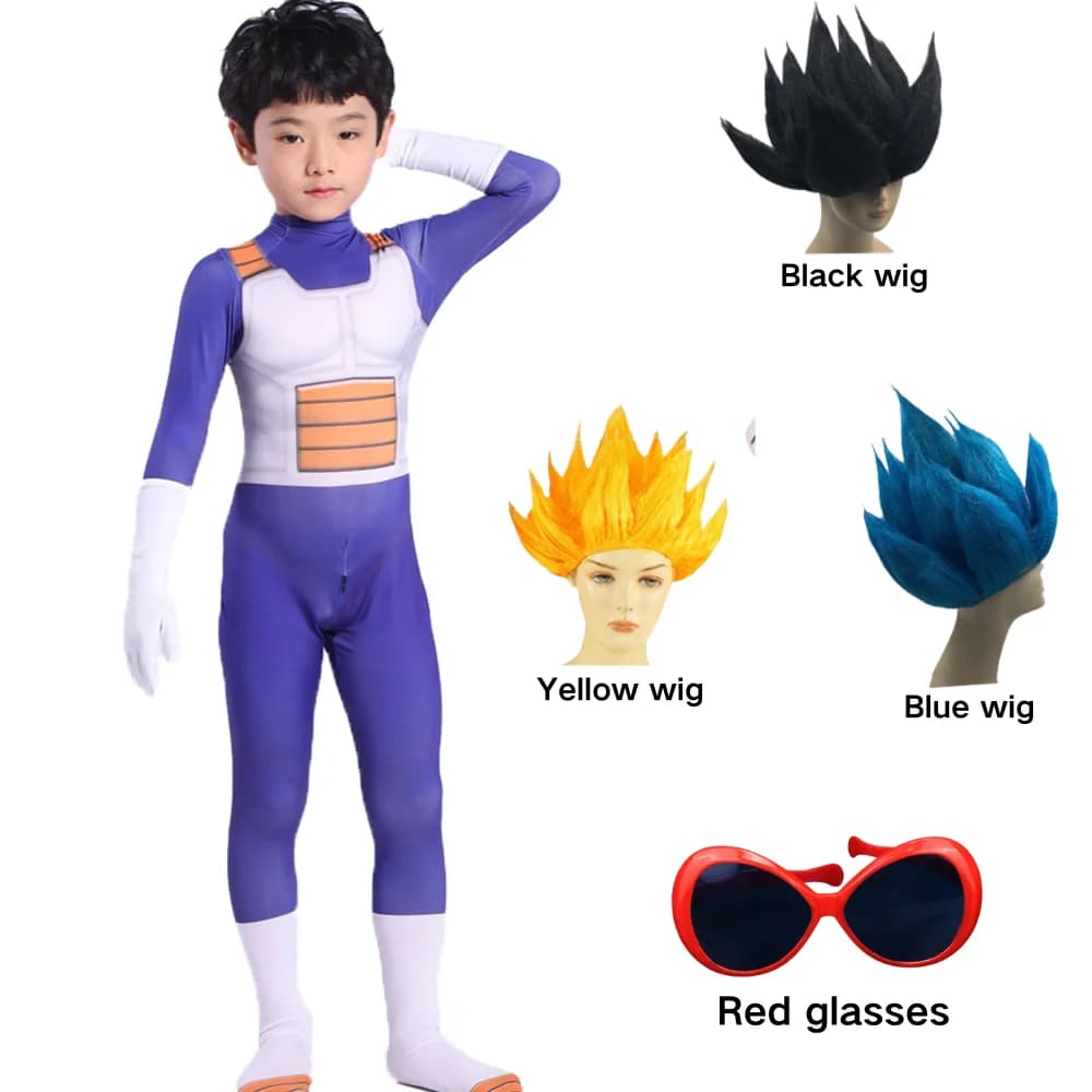 Set costume da gioco di ruolo Vegeta per bambini anime, tuta per adulti con parrucca a tre colori e costume con occhi grandi