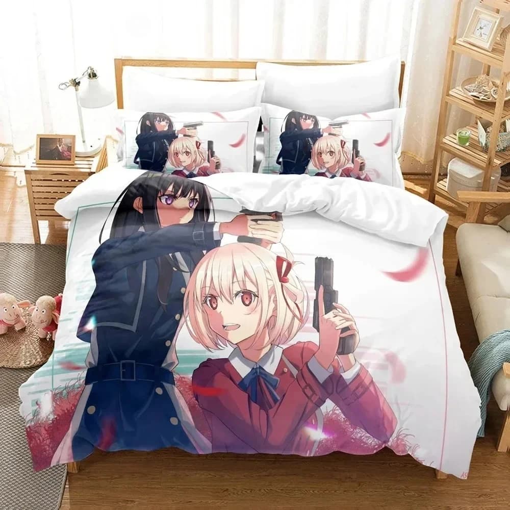 Set of bed linens 3D Anime Lycoris Recoil Set of bed printed with pillow cover soft single double Queen Super King Size
