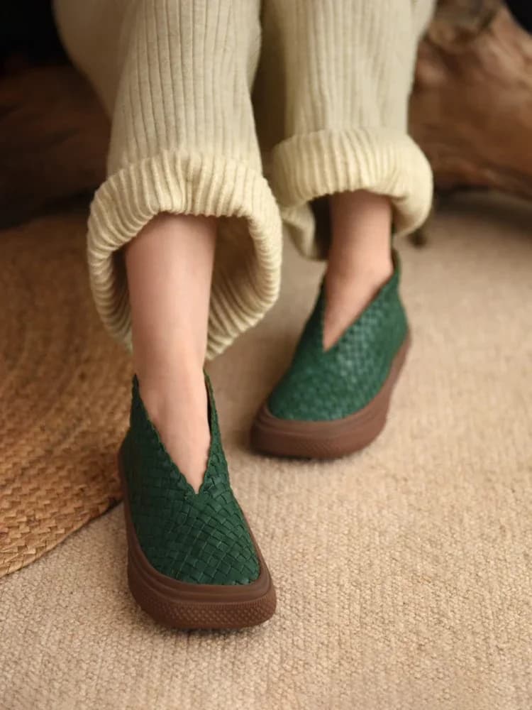 Artmu Scarpe basse originali con punta quadrata intrecciata per donna Mocassini Stivaletti corti di lusso in vera pelle Scarpe da donna con suola morbida Verde