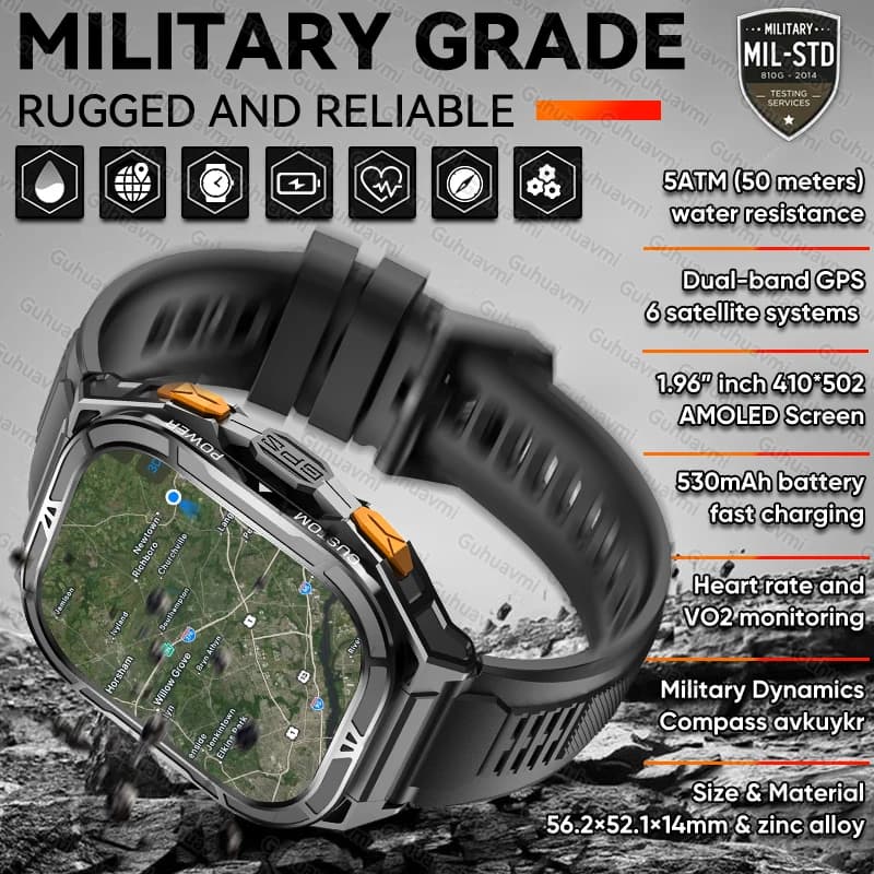 Nuovo GUHUAVMI TANK X5 SmartWatch MIL-STD-810H Robusto IP69K 5ATM L1 + L5 GPS 1.96 "AMOLED Bussola OutdoorSport Orologio per Android iOS