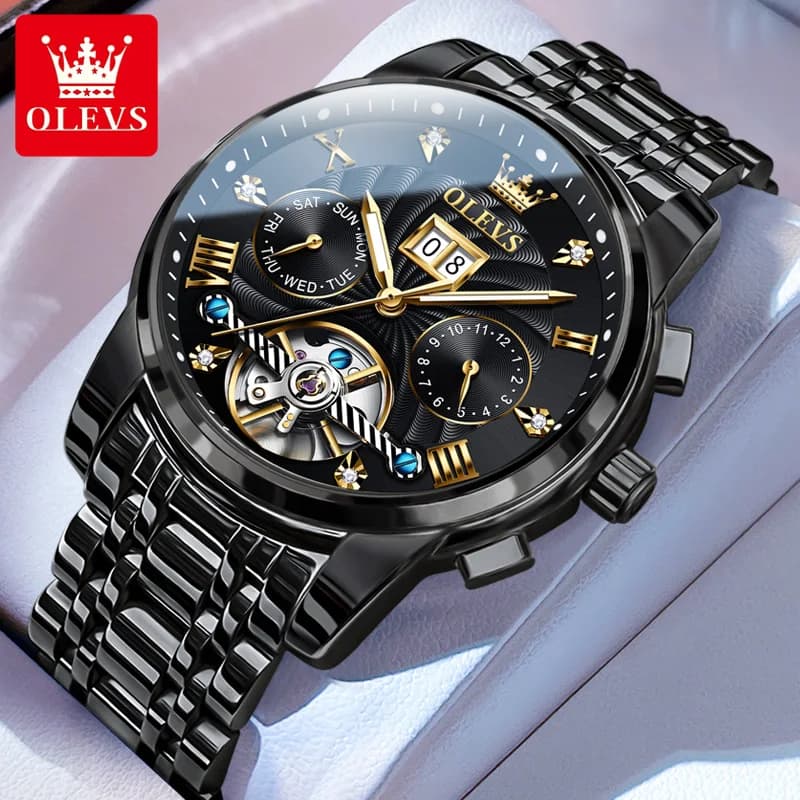 OLEVS 9910 Orologio da polso meccanico automatico con volano scheletrato per uomo Orologio da lavoro con calendario luminoso impermeabile in acciaio inossidabile