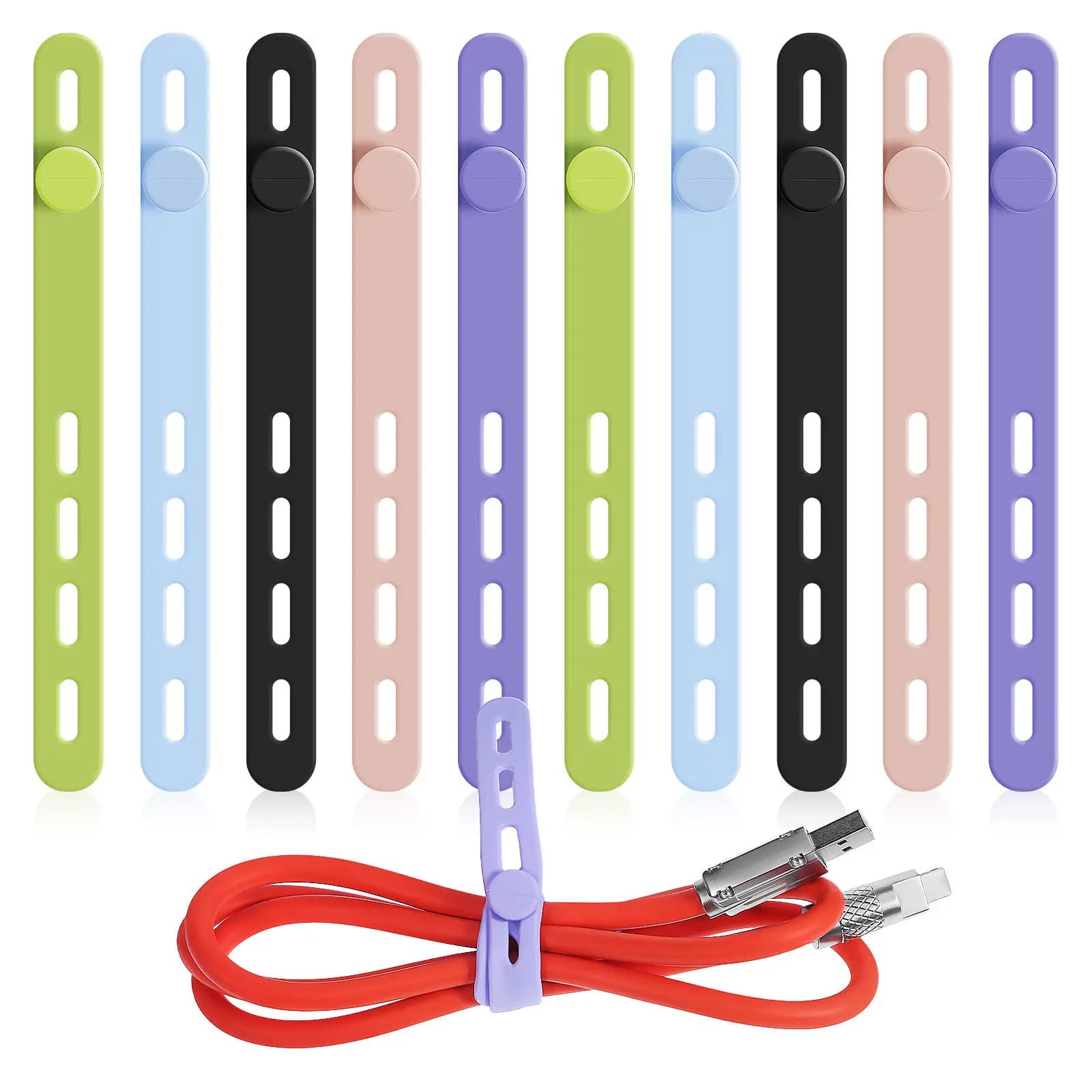 10 Pezzi Fascette in Silicone Regolabili Multiuso per Cavi, Organizzatore Elegante e Colorato Riutilizzabile per la Gestione dei Cavi da Scrivania