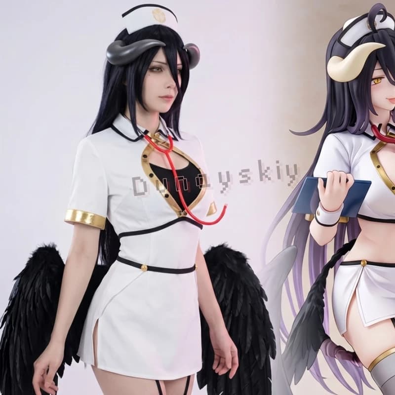 Costume da Infermiera Gotica OVERLORD Albedo, Mini Abito con Ali Nere Scure, Accessorio per Donna, Vestito per Festa di Halloween