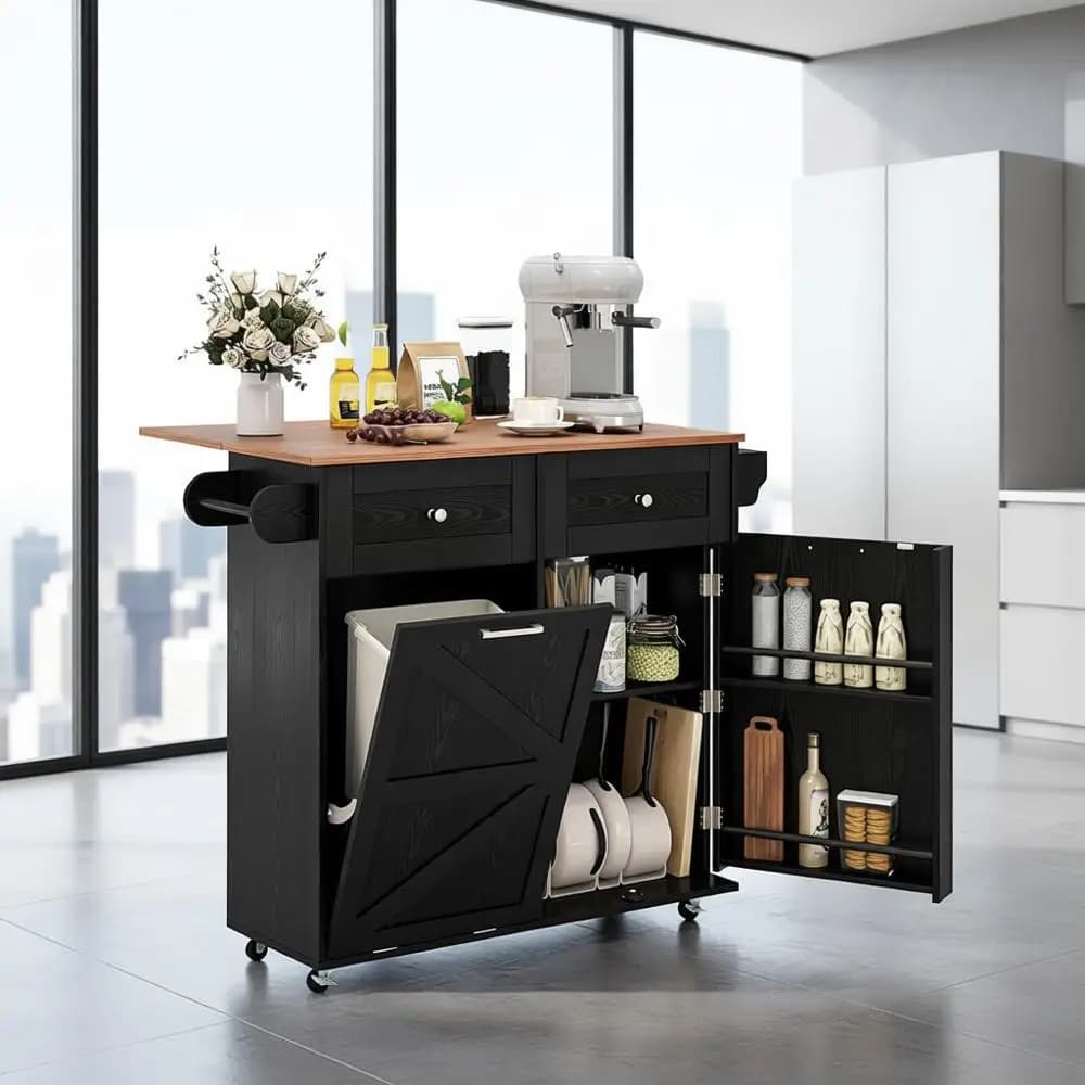 Isola da cucina mobile con cestino estraibile, ribaltabile, 2 cassetti, portasciugamani e contenitore in legno su ruote - Nero e naturale