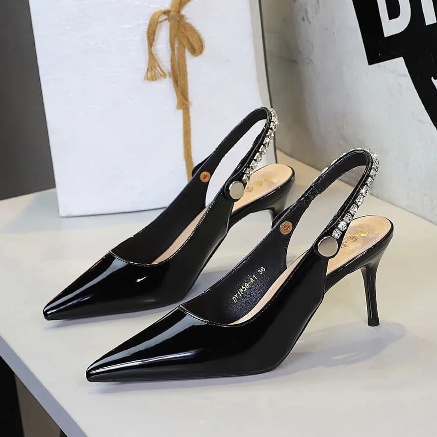 Elegant Pointed Toe High Heel Sandals Women Fashion Rhinestone Strap Open Back PU Leather Shoes