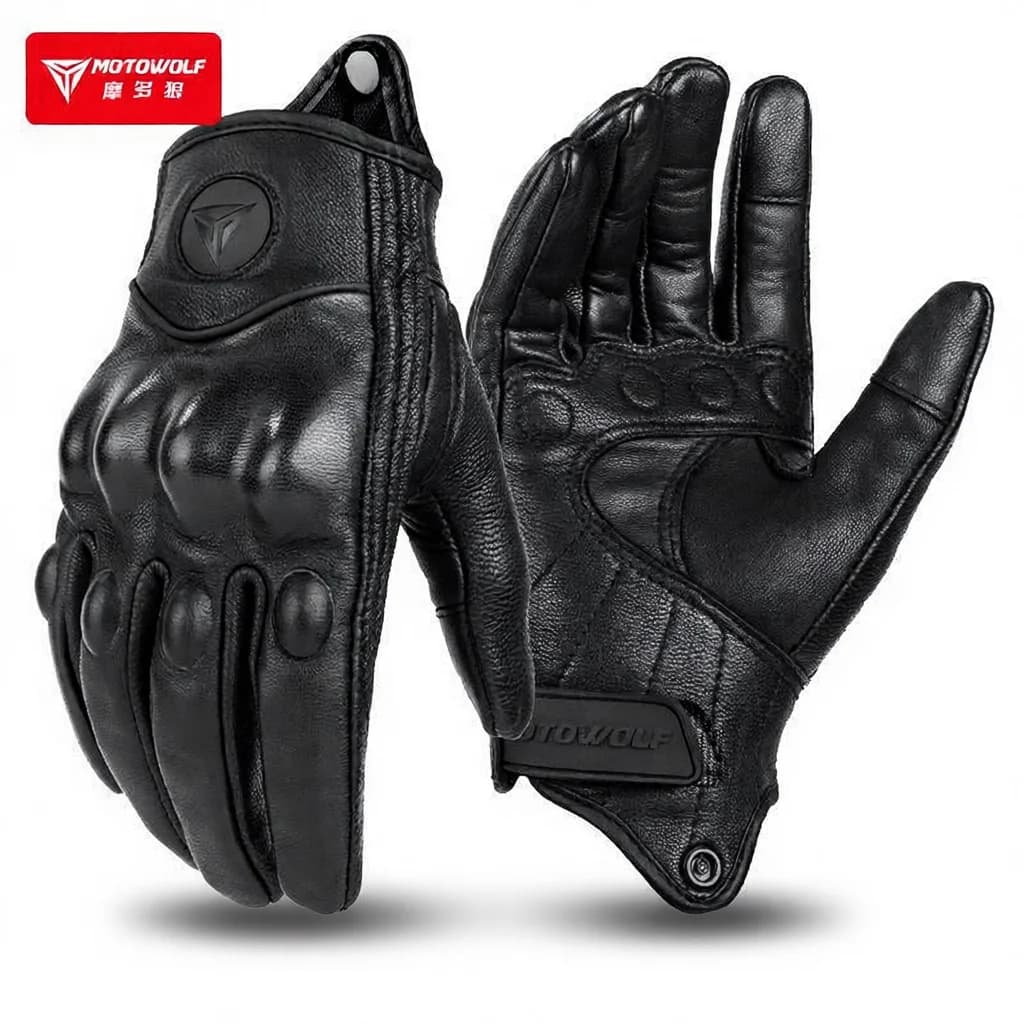 Guanti da Moto MOTOWOLF in Vera Pelle Vintage da Cavaliere con Fori, Traspiranti Estivi, Guanti in Pelle a Dita Intere Anti-caduta