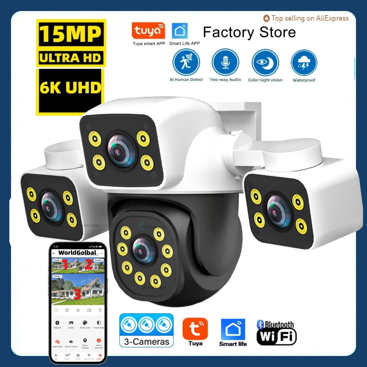 Tuya 15MP Tre lenti 10MP Dual Lens Tuya Wifi Camera PTZ Telecamera di sicurezza wireless esterna AI Monitoraggio umano Video sorveglianza