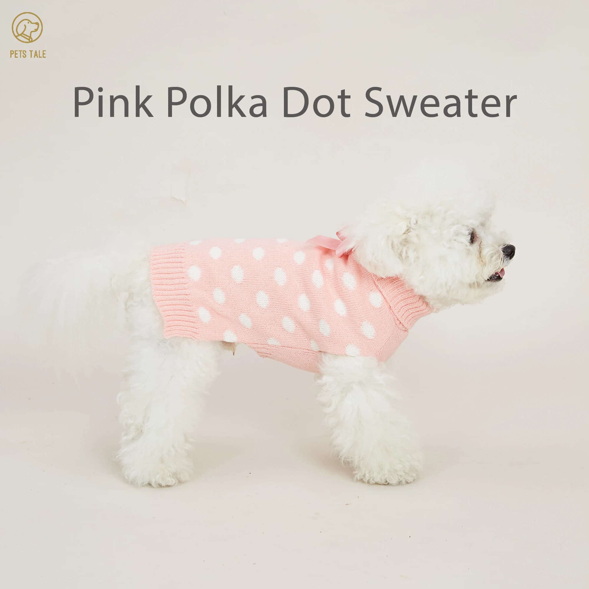 Simpatico fiocco rosa con cane e maglione rosa con doppio colletto a pois bianchi con foro a catena