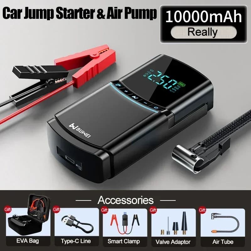 BUVAYE Avviatore di emergenza per auto 2000A Pompa del compressore d'aria 150PSI Power Bank 10000mAh Batteria Booster 12V Digital Auto Gonfiatore per pneumatici