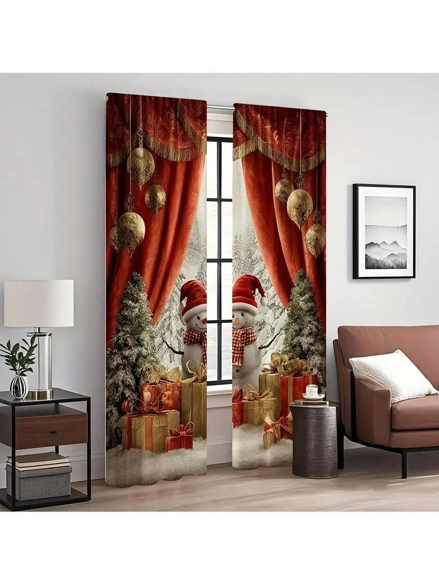2pcs Christmas Polyester Curtain With Snowman Print Red Winter Scene Presents Rod Pocket For Living Room Bedroom