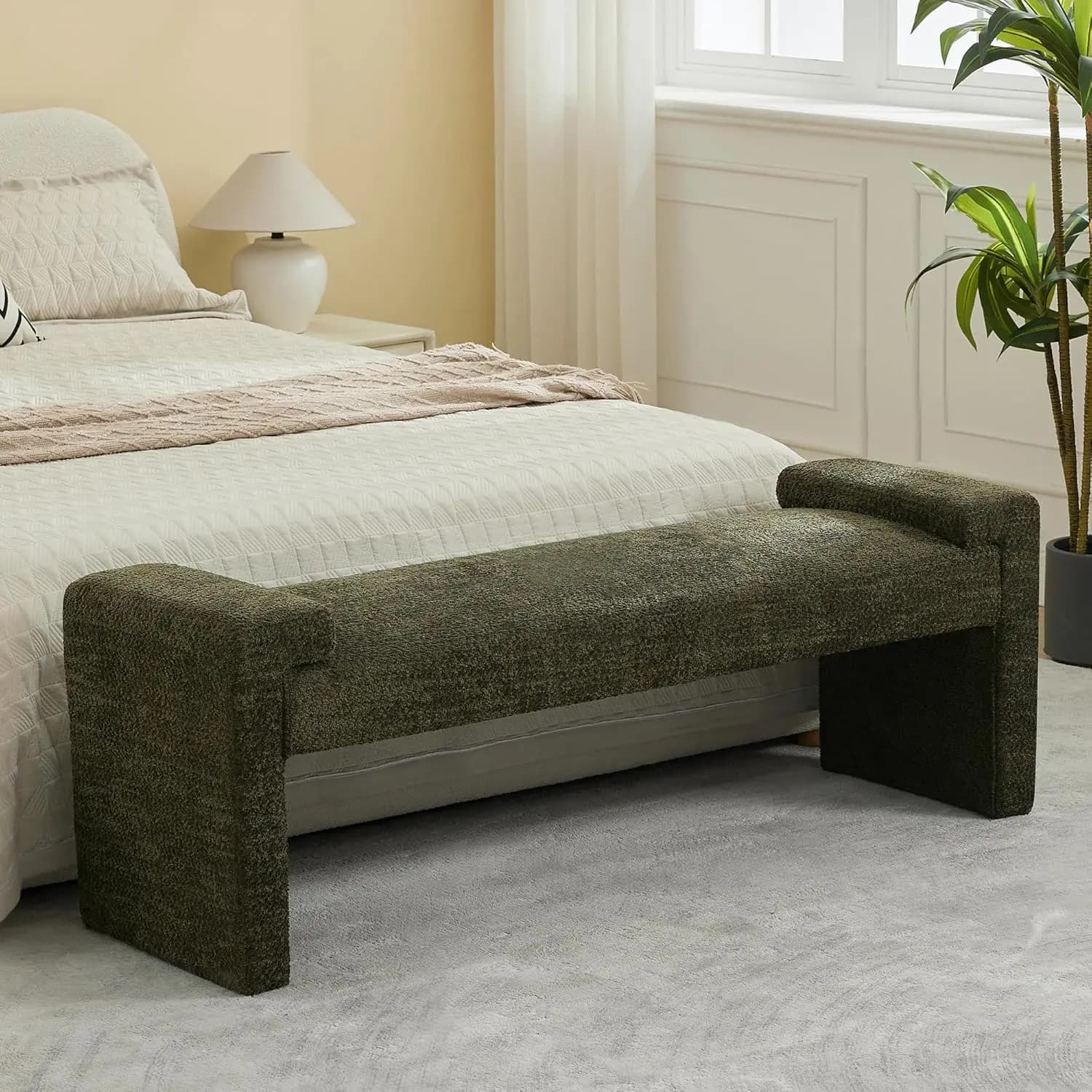 Panca imbottita da camera da letto da 150 cm con braccioli curvi, struttura in legno massello, poggiapiedi ottomano per ingresso e soggiorno, verde, personalizzabile