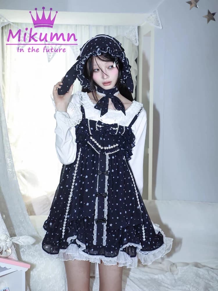 Mikumn Gothic Lolita Y2k Star Print Dress Harajuku Japanese Kawaii Bow Lace Ruffles Women Spaghetti Strap Mini Dresses