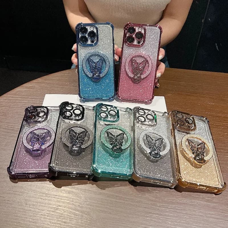 Luxury Butterfly Bracket Sparkling Pink Lens Film Phone Case Suitable for IPhone 11 12 13 14 15 16 17 Pro Max Protective Case