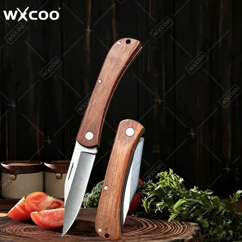 WXCOO Folding Fruit Knife Kitchen Multi-Function Fruit Peeler Paring Pocket Wooden Handle Stainless Steel
