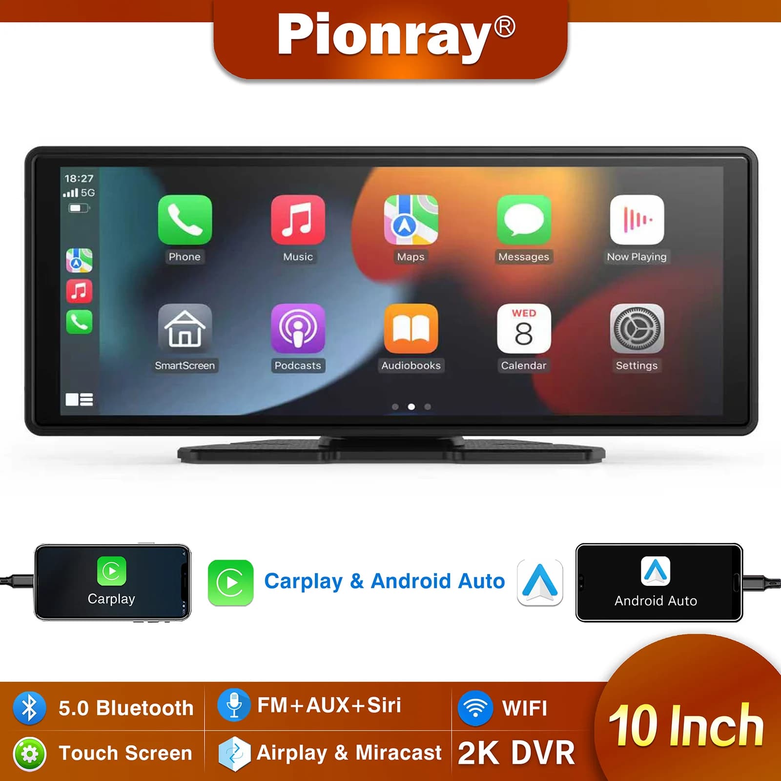 Pionray 11 pollici Android Auto Carplay portatile universale per schermo per auto Autoradio WIFI Video Schermo Carplay wireless per Apple
