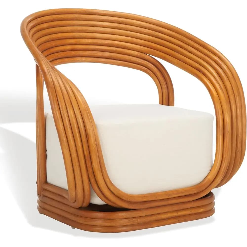Poltrona con cuscino in rattan naturale e lino bianco - Completamente assemblata