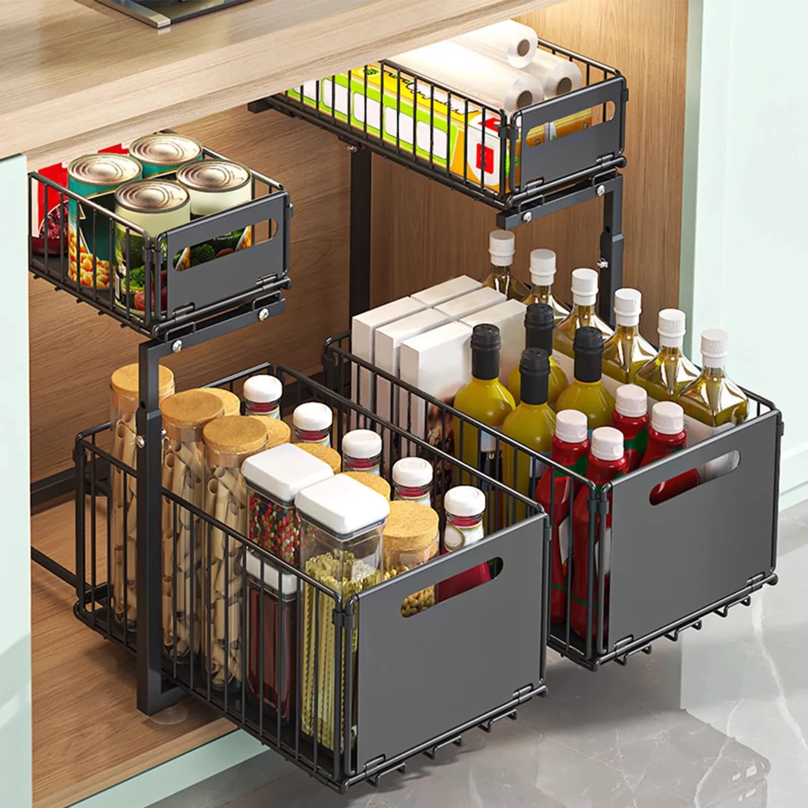 Organizzatore a 2 livelli regolabile in altezza per sottolavello con cassetti scorrevoli in rete, scaffale estraibile in metallo per cucina, bagno, dispensa