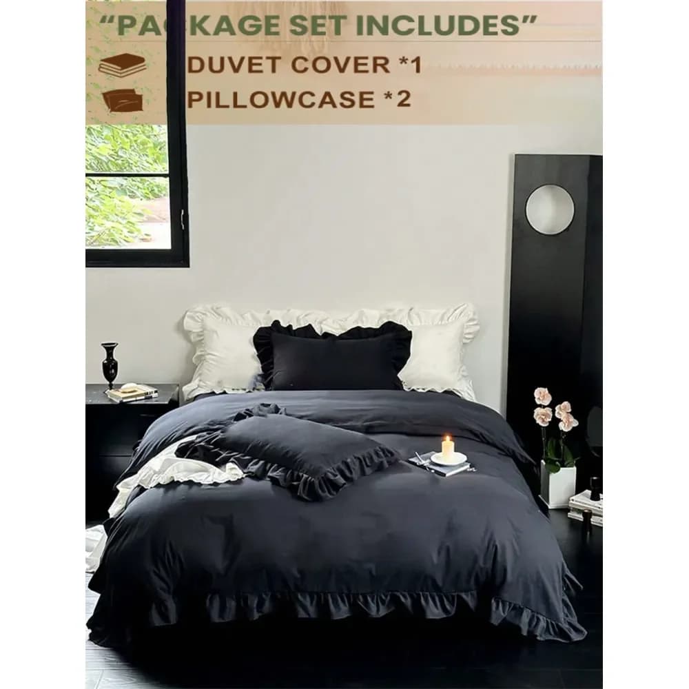 Set di Biancheria da Letto in Pizzo Nero Include 1 Copripiumino e 2 Federe, Tessuto Spazzolato Lavabile in Lavatrice per Camera da Letto