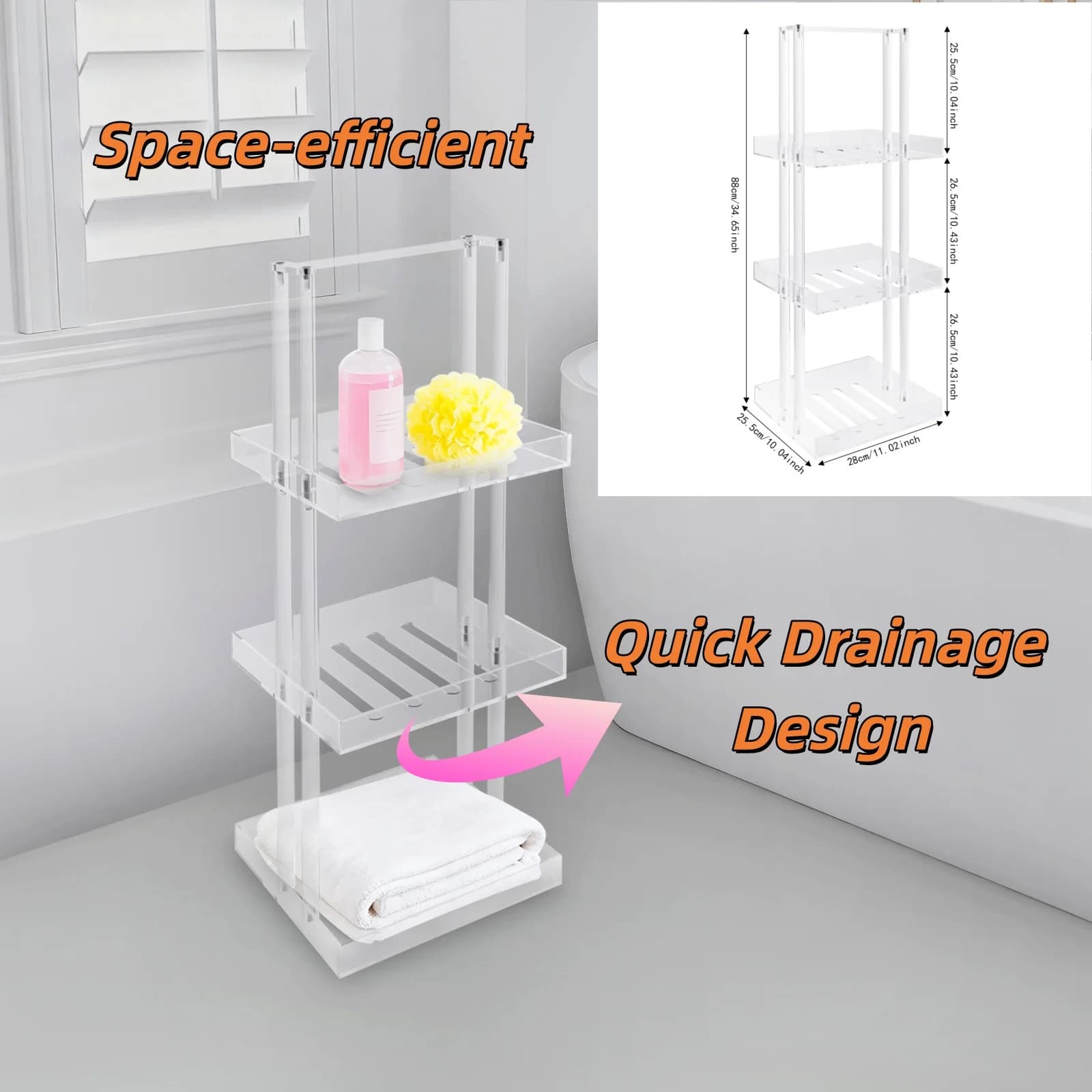 Mensola per doccia indipendente in acrilico a 3 livelli, scatola per doccia verticale, bagno, cucina, portaoggetti, organizer per WC per riporre la casa