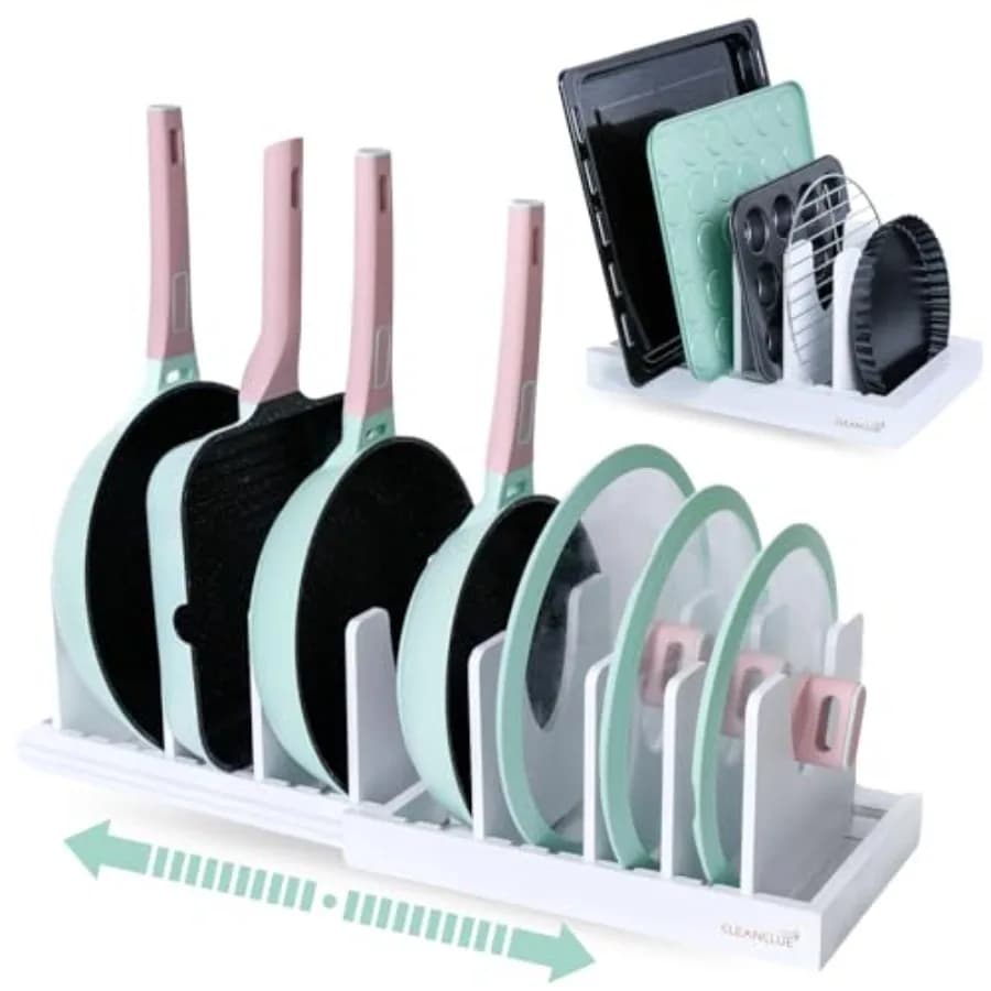 Pots and Pans Organizer under Cabinet, Bamboo Expandable Bakeware and Cutting Board Organizers, Adjustable Pot Lids Holder Rack