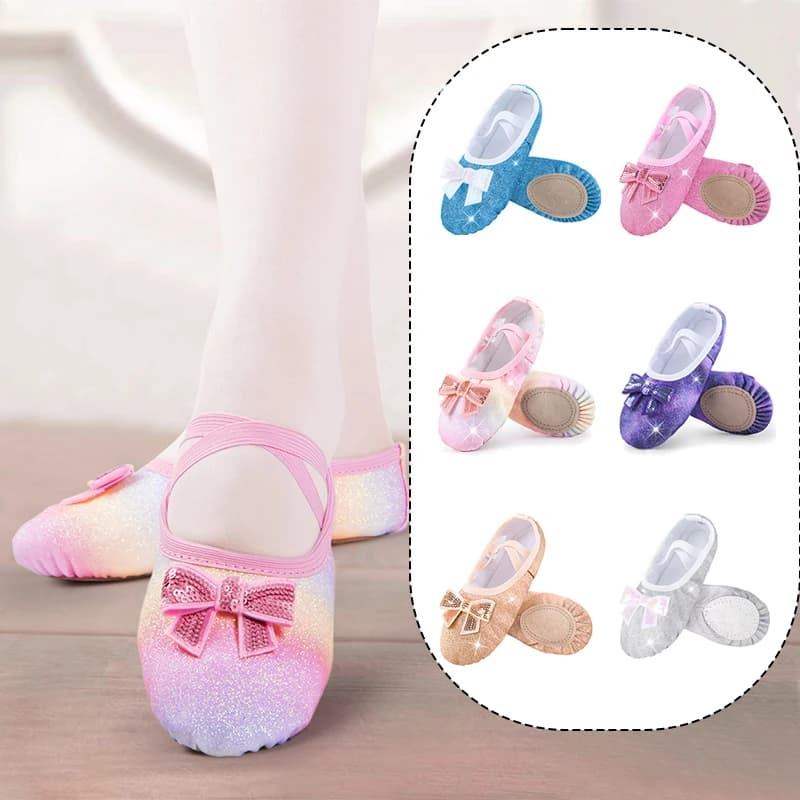 Girls Ballet Shoes Split-Sole Glitter Sparkly Bow Flats Dance Shoes with Elastic Bands for Kids Gymnastic Dance